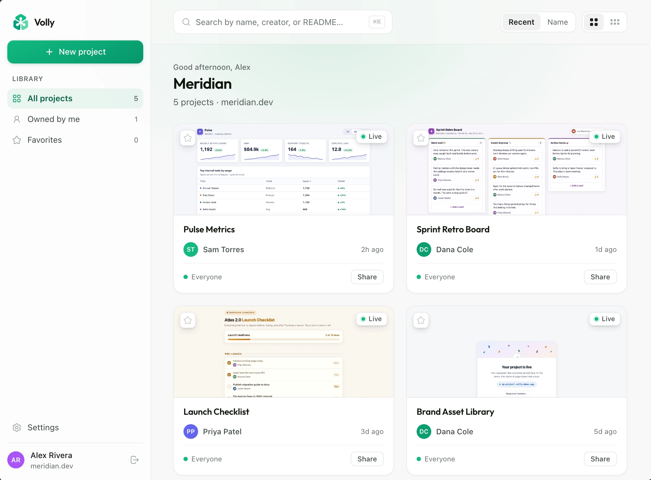 Volly directory for the Meridian workspace, showing five published projects with owners, live status, and share controls