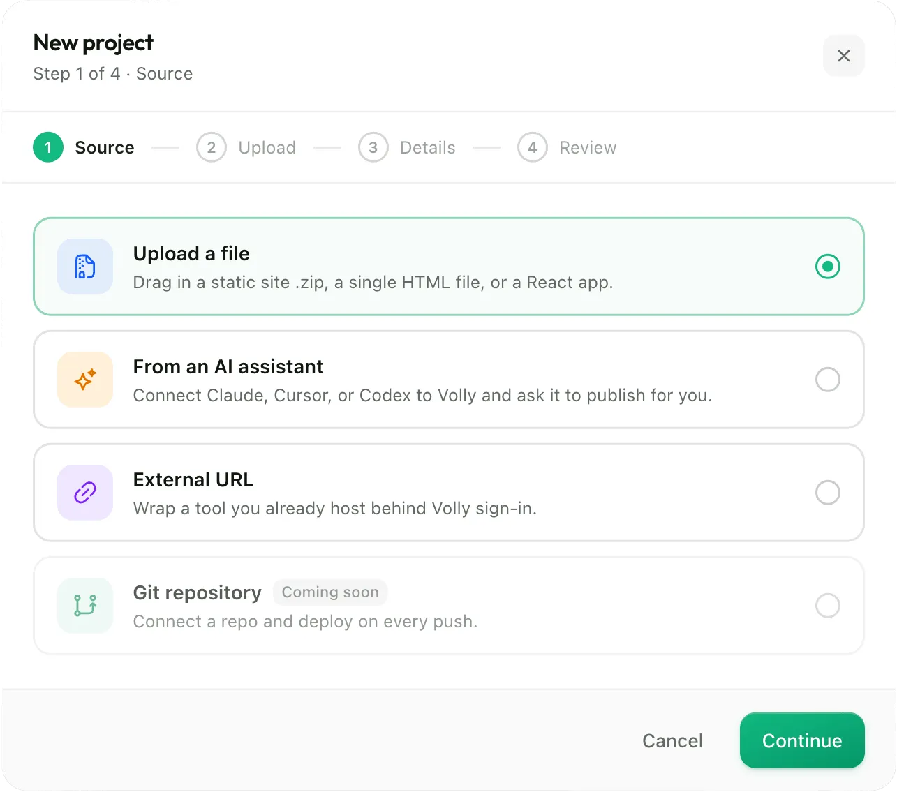 New project dialog with upload-a-file selected as the source, and Git repository and external URL marked coming soon