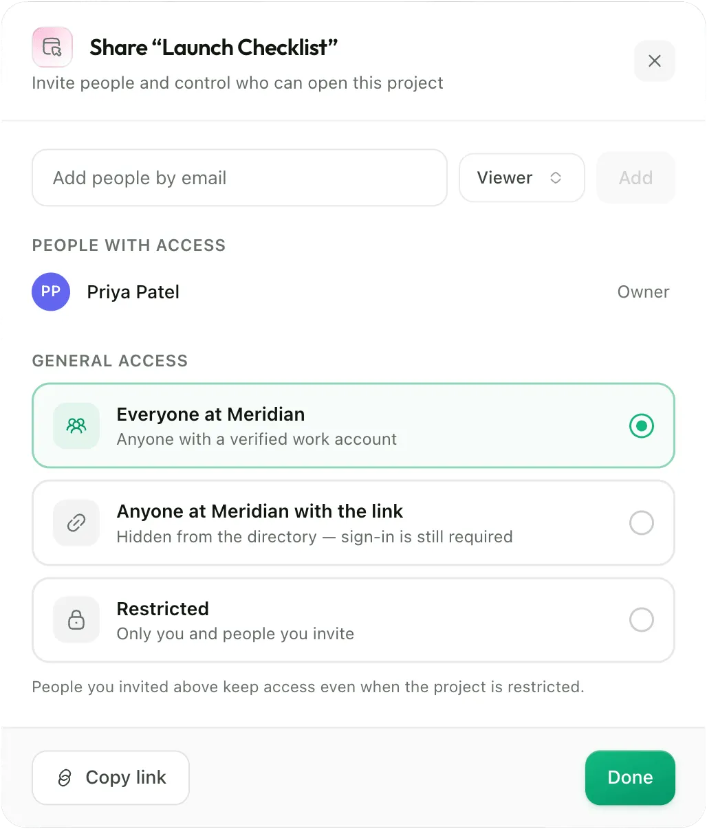 Share dialog with general access options: everyone at the company, anyone with the link (sign-in still required), or only the owner