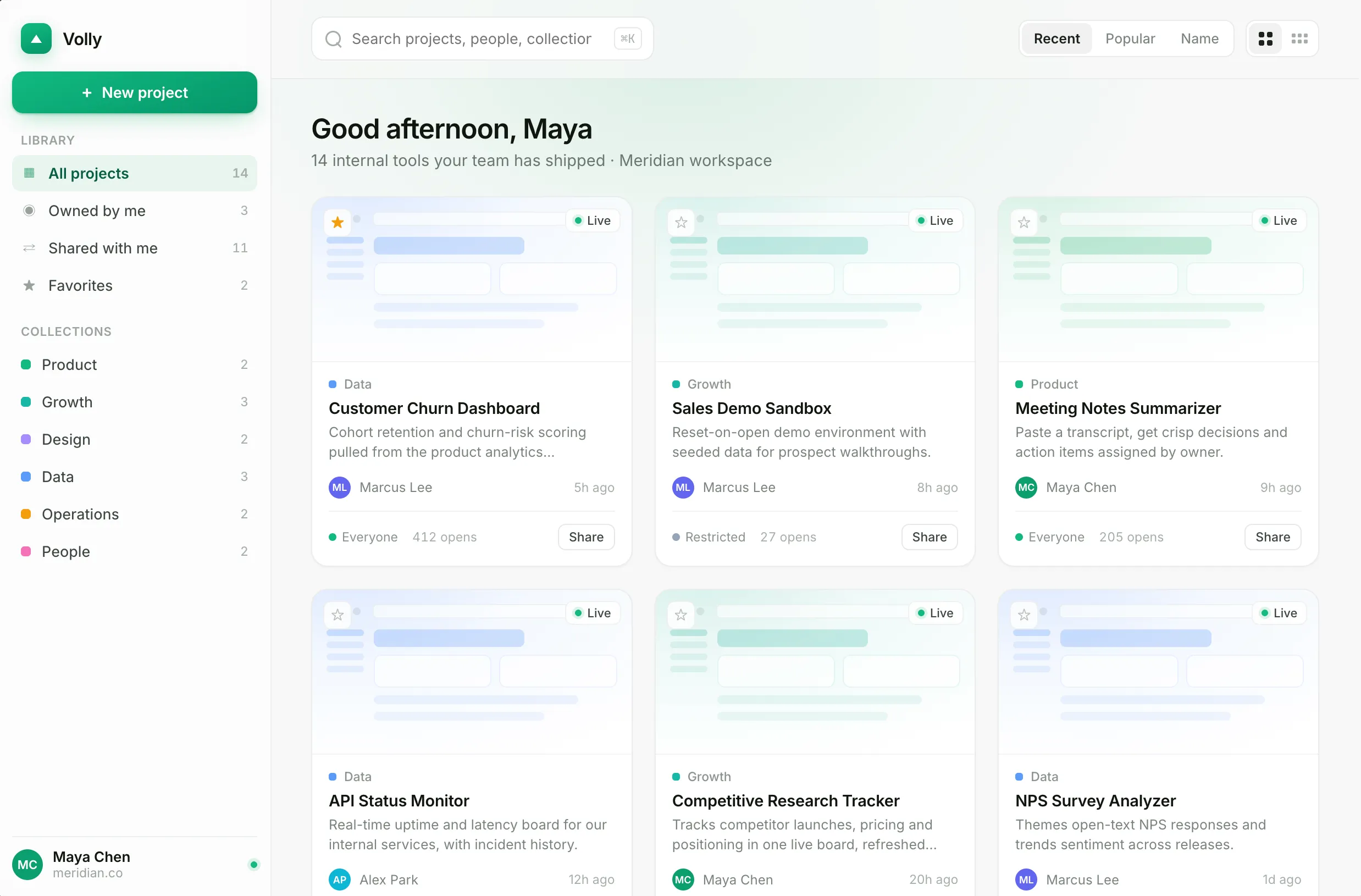 Volly workspace showing a team's internal tools in one directory